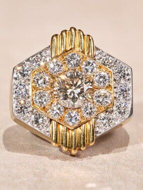 David Webb Signed Art Deco Ring Cognac Colored Central Diamond and White Side Di